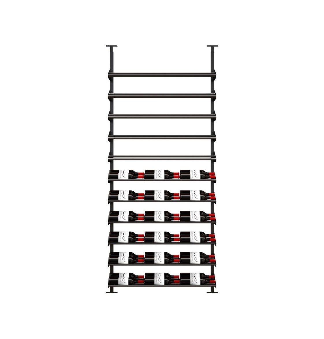 Horizontal wine bottle display rack with black slats and multiple bottles