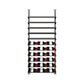 Wine bottle display rack with black slats holding several bottles in rows