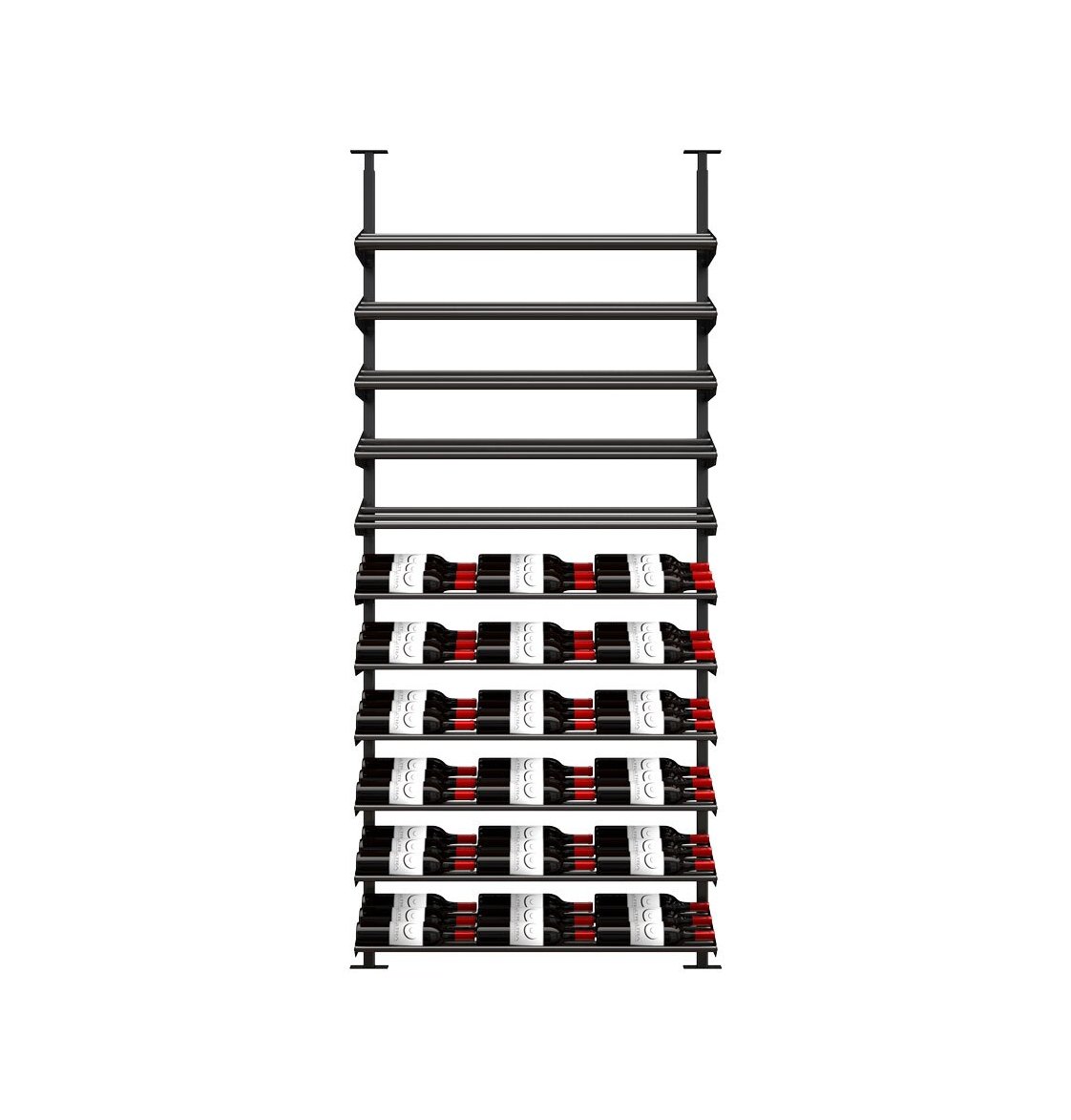 Wine bottle display rack with black slats holding several bottles in rows