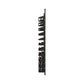 Black metal wine bottle display rack with stacked angled holders for multiple bottles