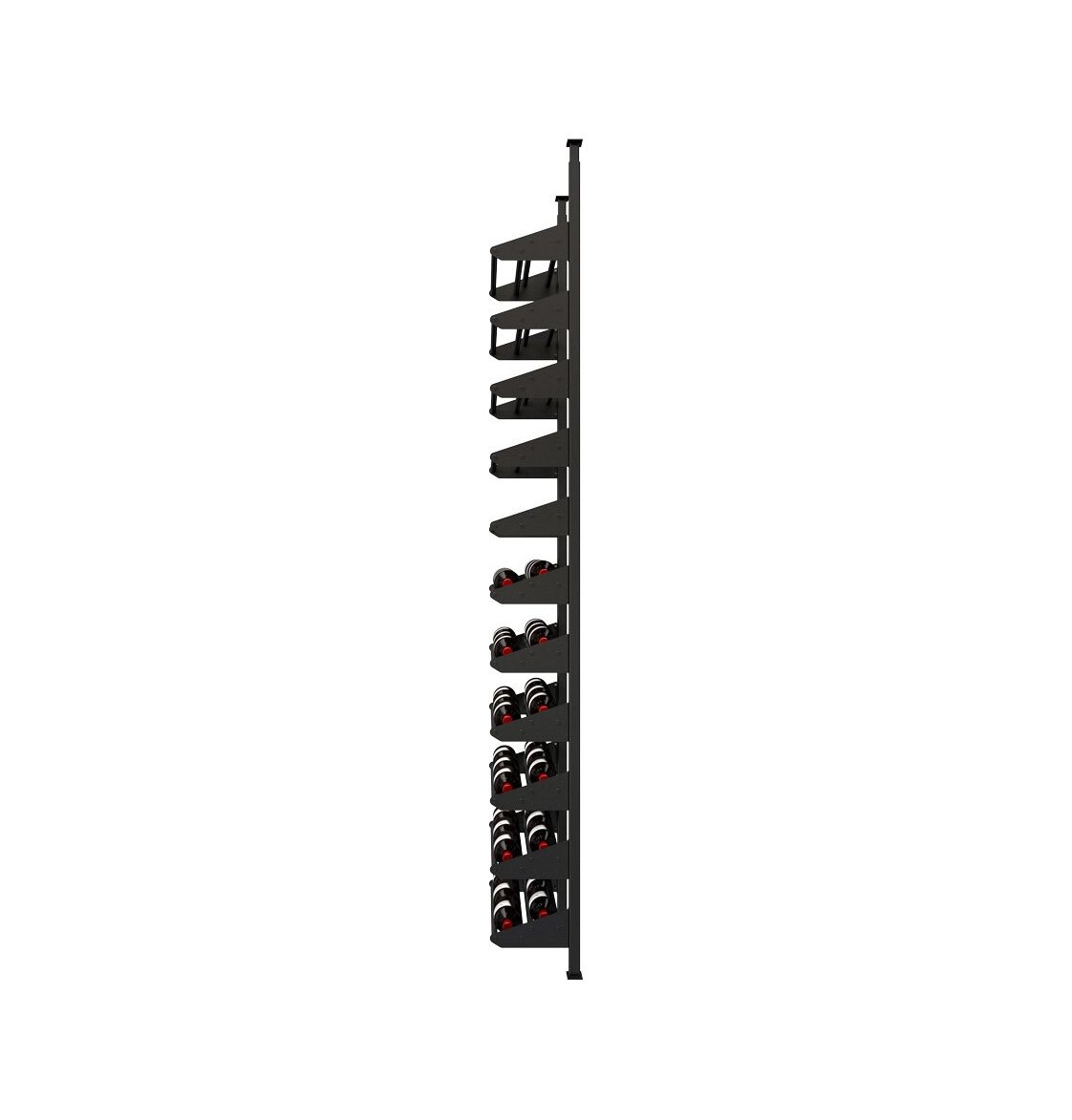 Black metal wine bottle display rack with stacked angled holders for multiple bottles