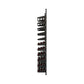 Tall black wine rack with cascading bottle holders in a vertical display frame