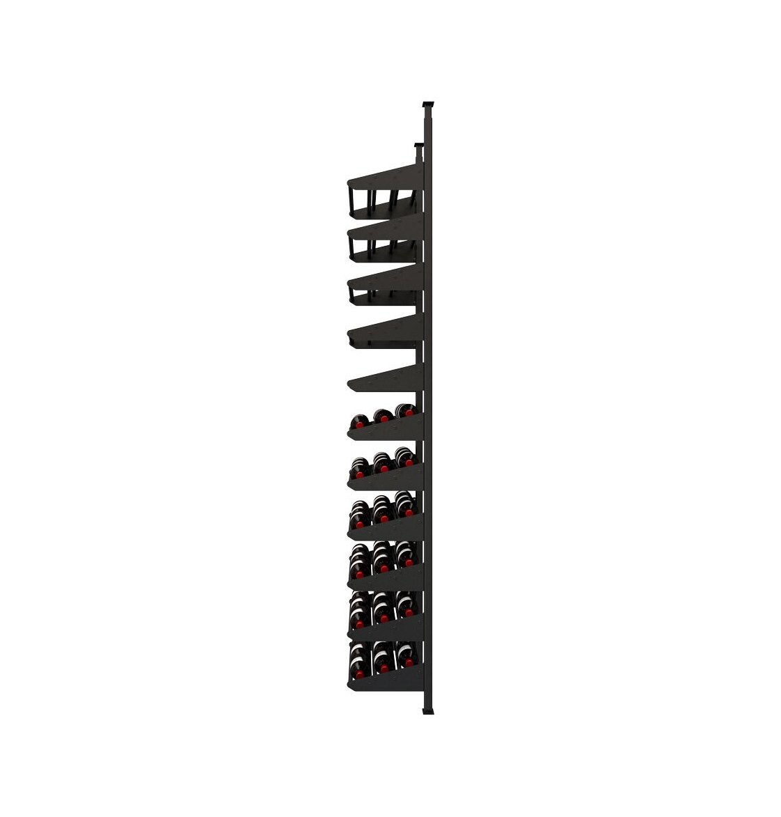 Tall black wine rack with cascading bottle holders in a vertical display frame