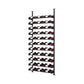 Tall black wine bottle rack with evenly spaced tiers holding bottles