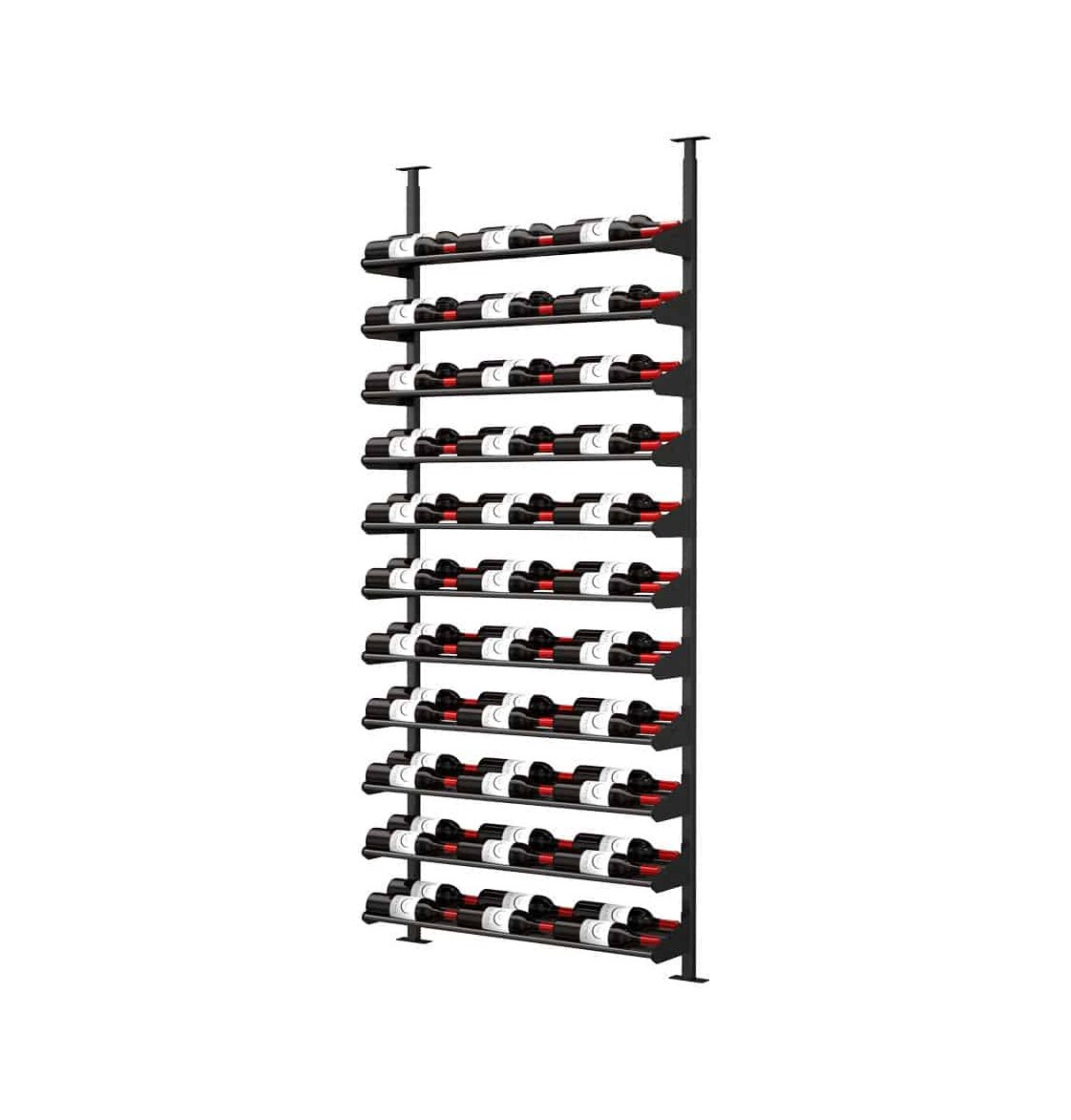 Tall black wine bottle rack with evenly spaced tiers holding bottles