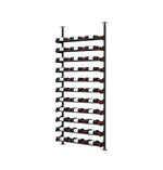 Black wine rail kit displaying rows of bottles on horizontal bars