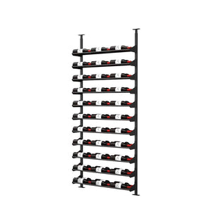 Black wine rail kit displaying rows of bottles on horizontal bars
