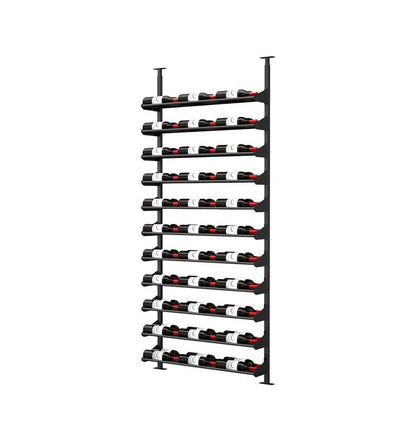 Black wine rail kit displaying rows of bottles on horizontal bars
