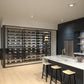 Horizontal rail wine bottle display rack kit with black metal rails and bottle slots