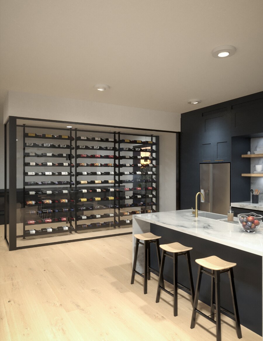 Horizontal rail wine bottle display rack kit with black metal rails and bottle slots