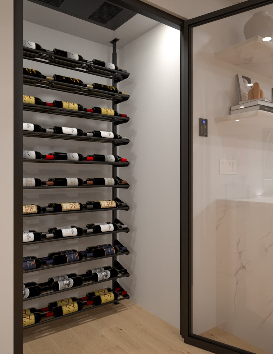 Wine storage rail kit in a built-in cellar with bottles on rails