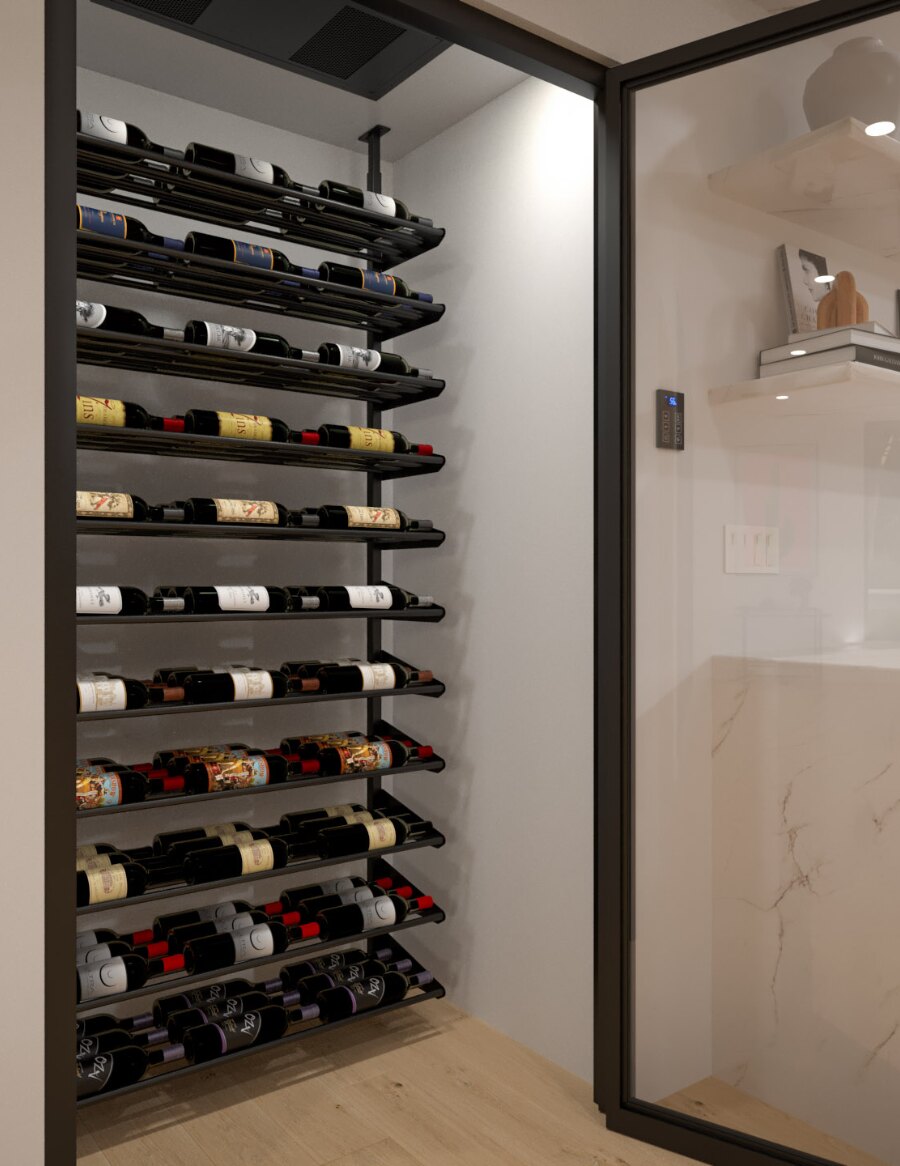 Wine storage rail kit with bottles on horizontal rails in a cellar