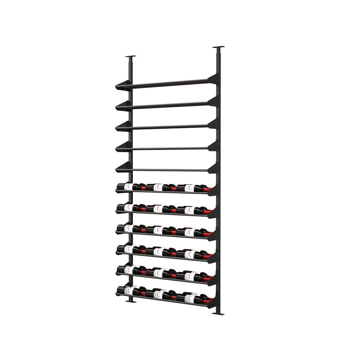 Black wine bottle rail kit with multiple horizontal bars and bottles