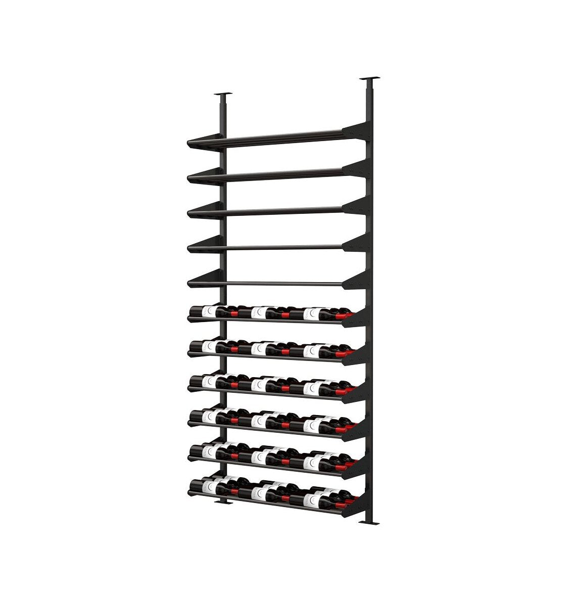 Black horizontal wine rail kit with long row of bottles and bars