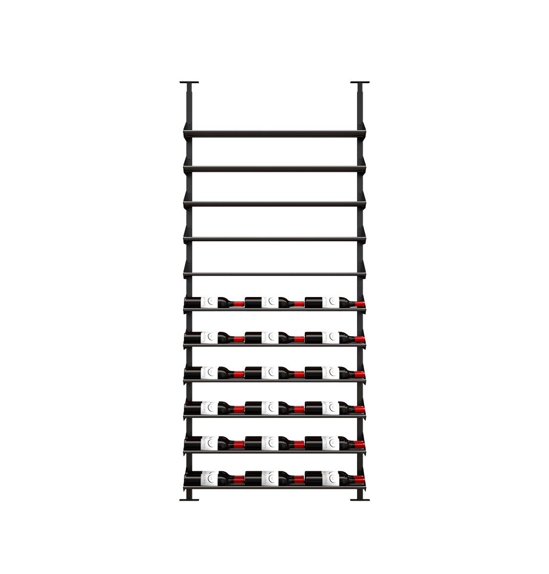Black horizontal wine rail kit holding multiple bottles on rails