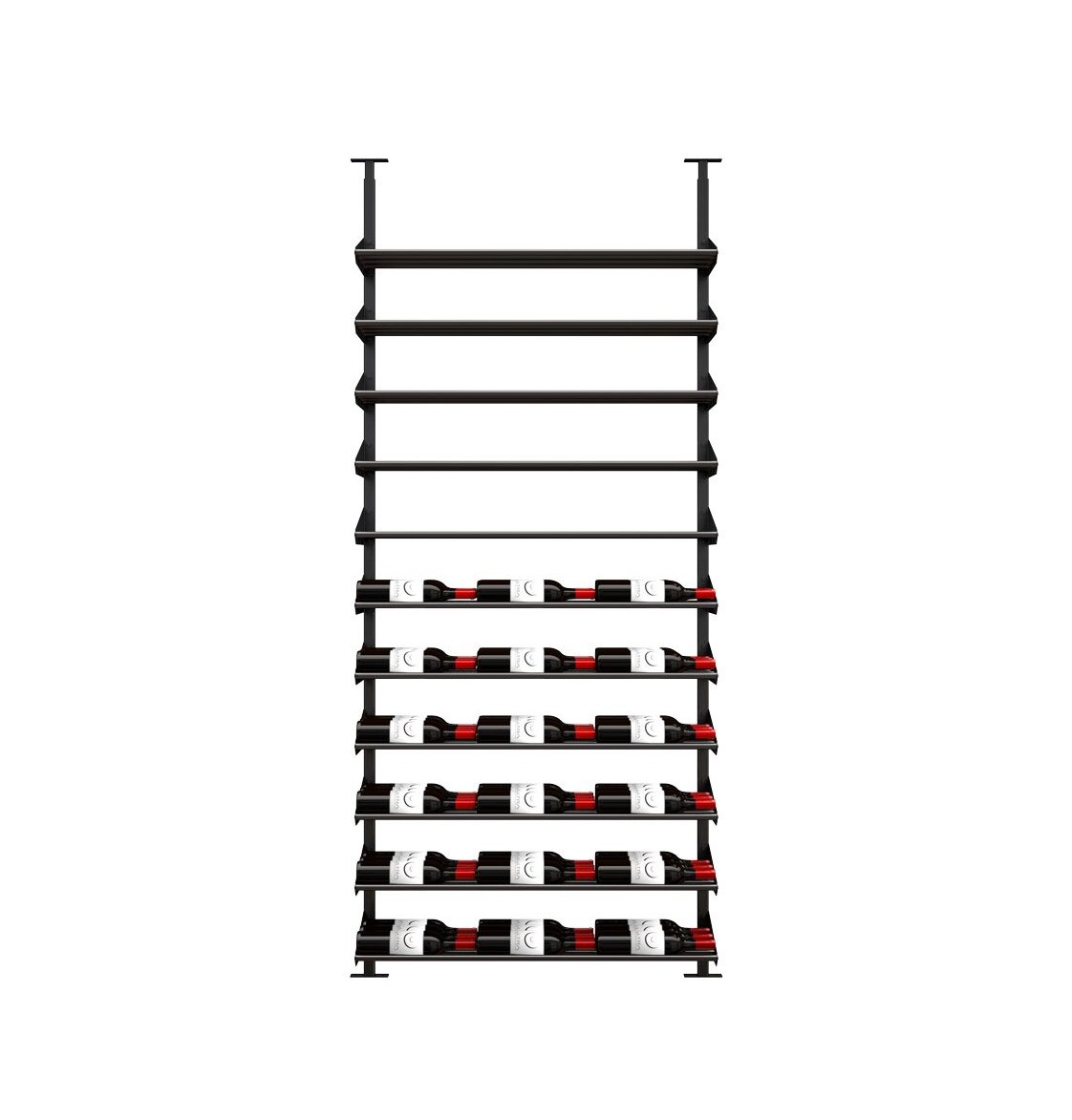 Black wine rail kit showing front rows of bottles on bars
