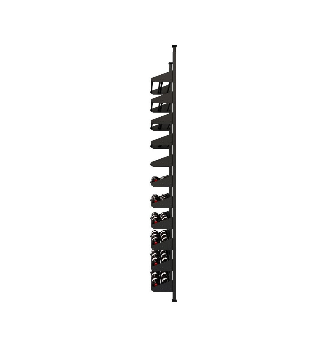 Black horizontal wine rail with bottle slots and stacked bottles