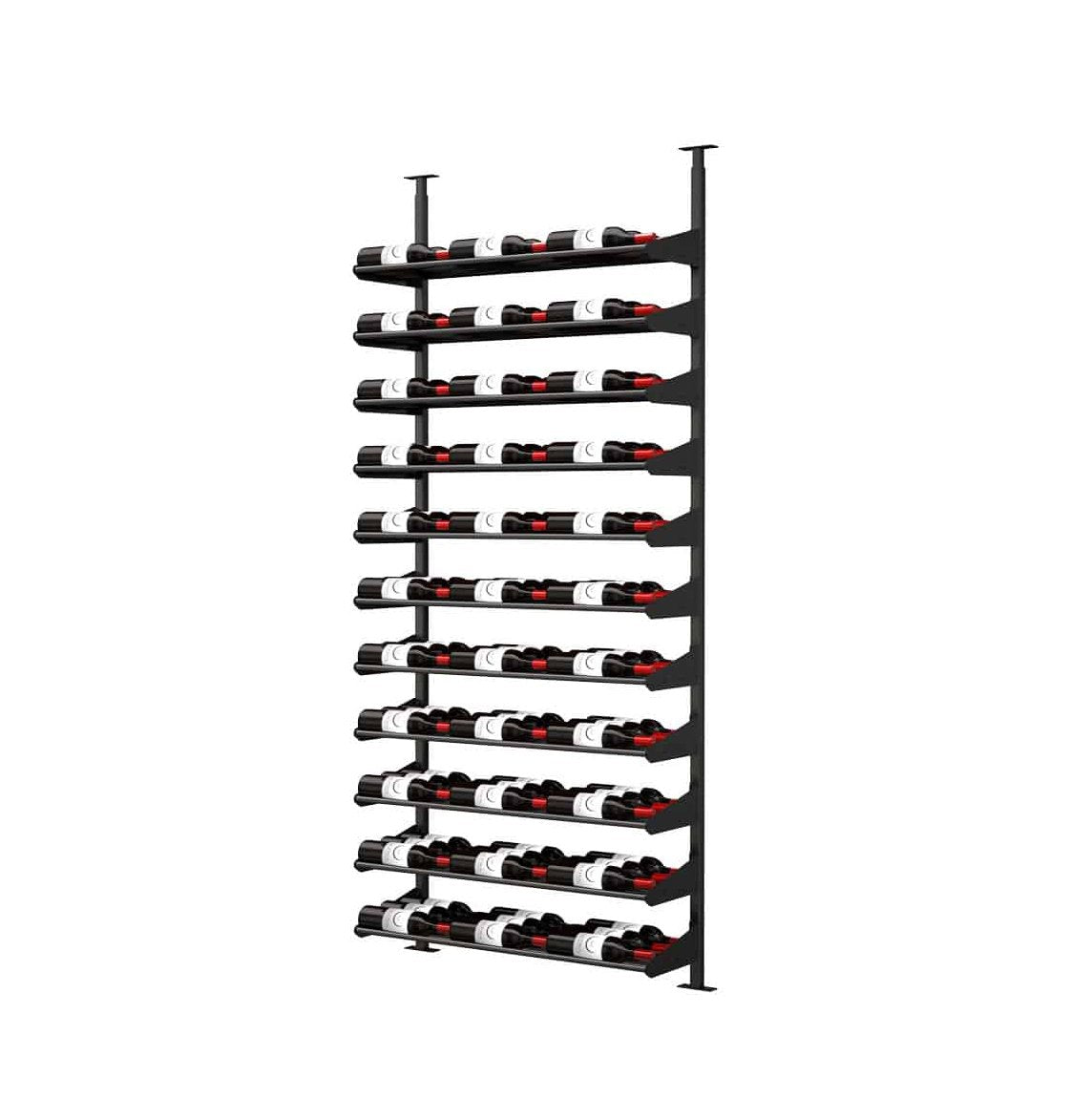 Black horizontal wine rail kit with tightly spaced bottle slots