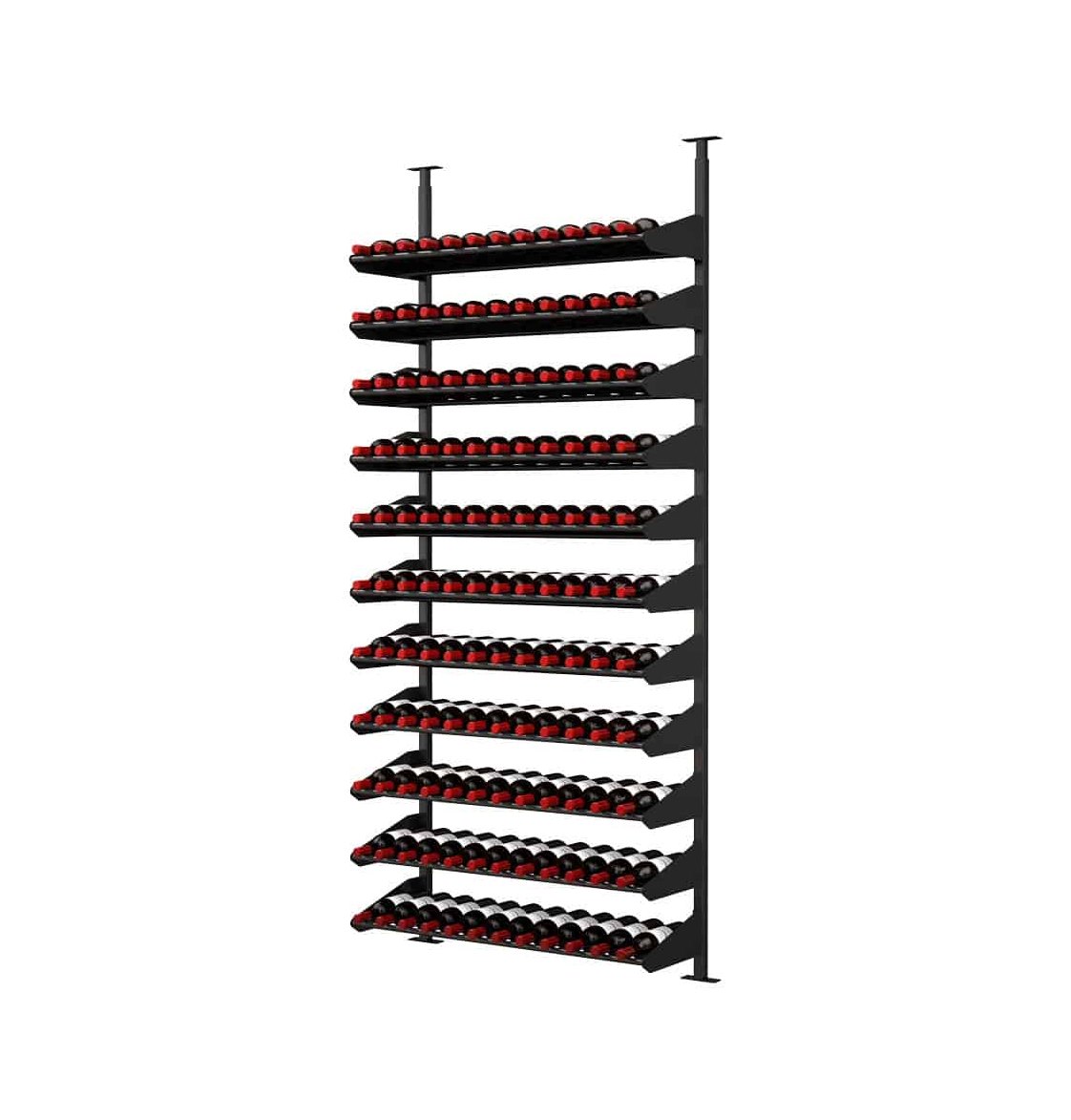 Full black wine bottle display rack with rows of bottles and red bottle tops
