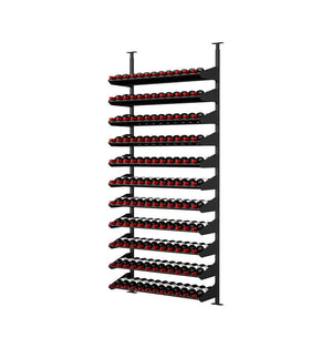 Full black wine bottle display rack with rows of bottles and red bottle tops