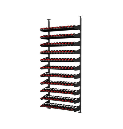 Full black wine bottle display rack with rows of bottles and red bottle tops