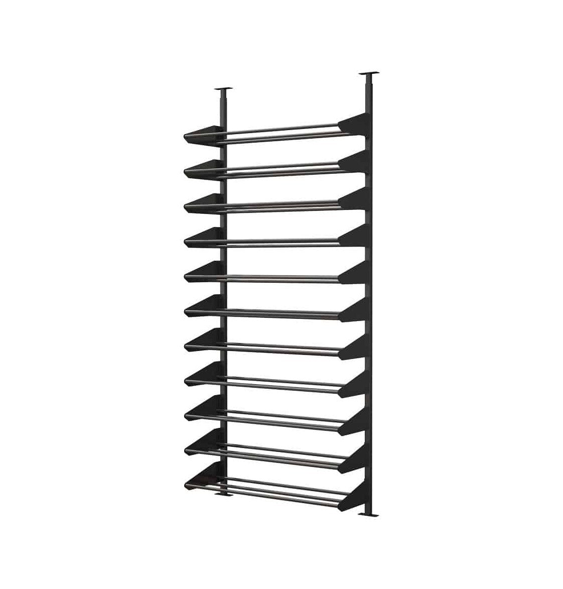 Black metal wine bottle display rack with horizontal rails and upright posts