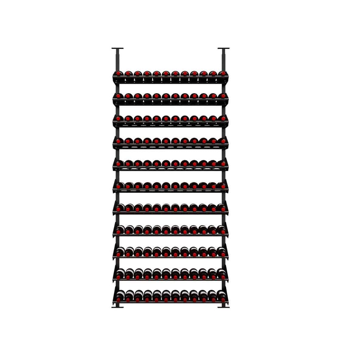 Black wine bottle display rack holding red-topped bottles in stacked horizontal rows