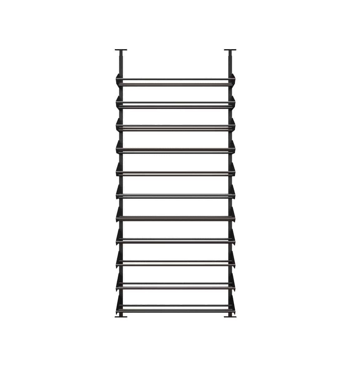 Black metal wine bottle rack with horizontal rails, empty and ready to mount