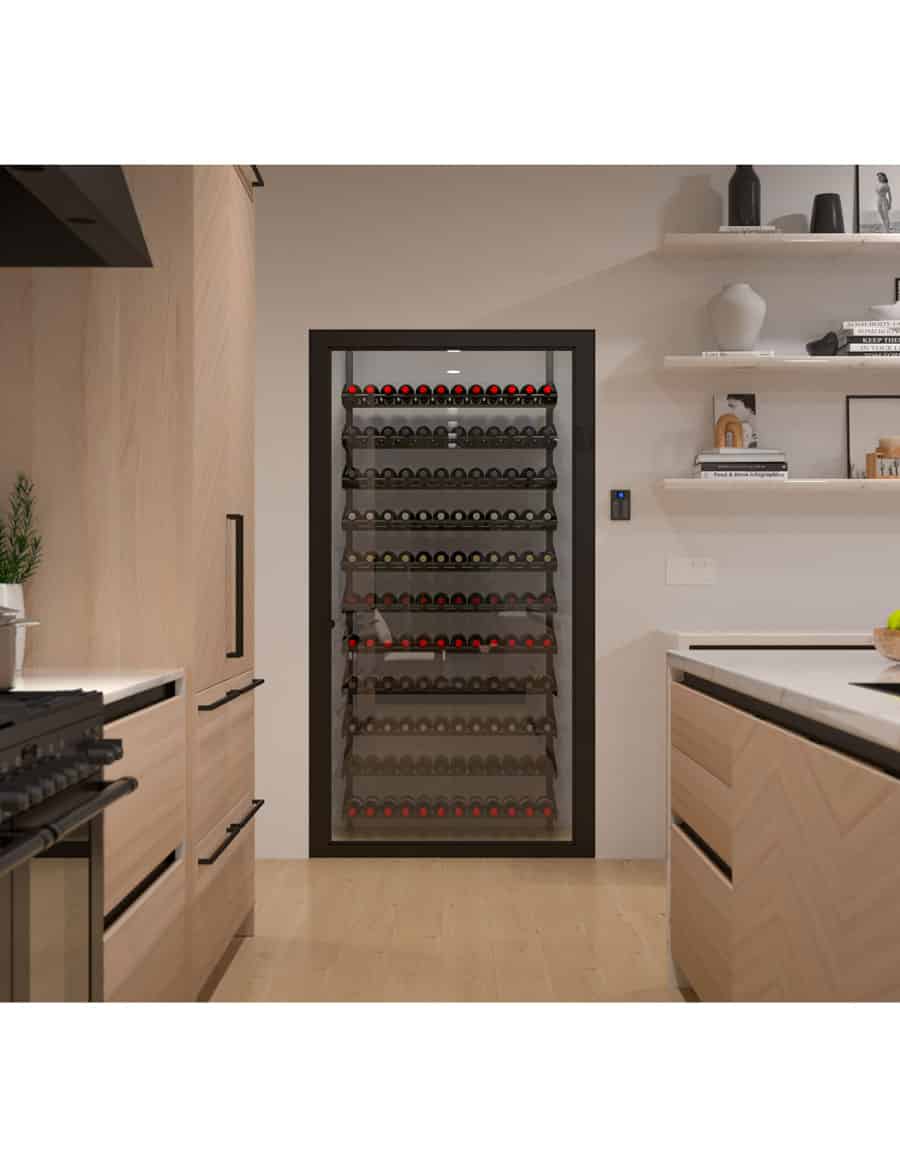 Black wine bottle display rack with stacked rows of bottles in a kitchen doorway