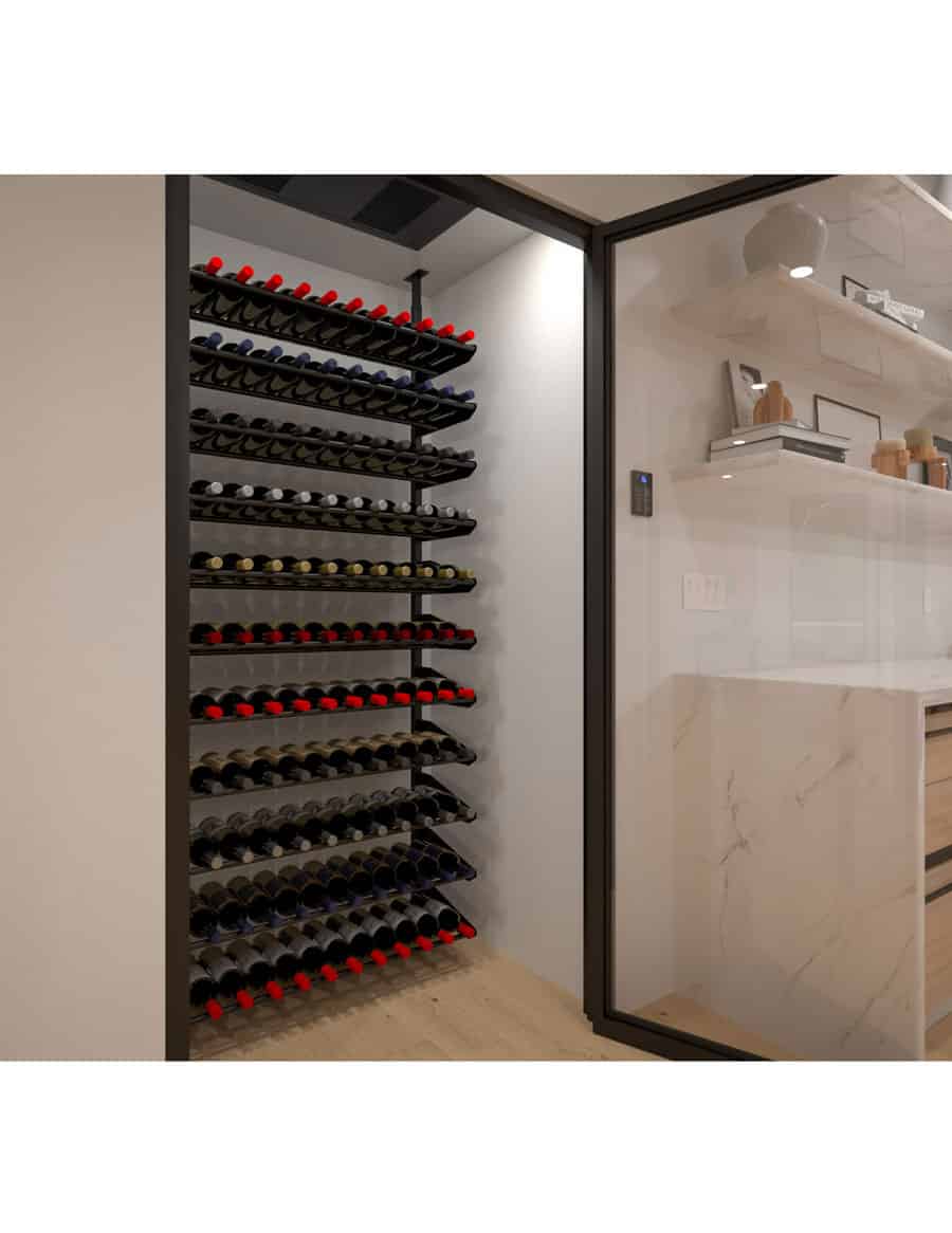 Black wine bottle display rack with multiple rows of bottles and red bottle tops