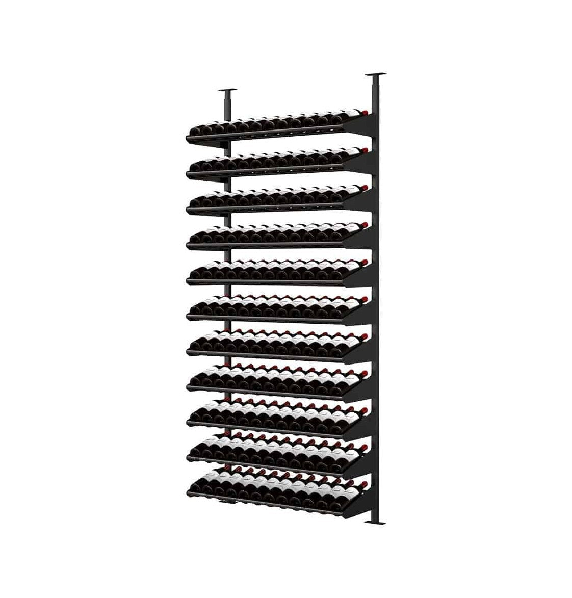 Black wine bottle display rack with many rows of dark bottles and visible labels