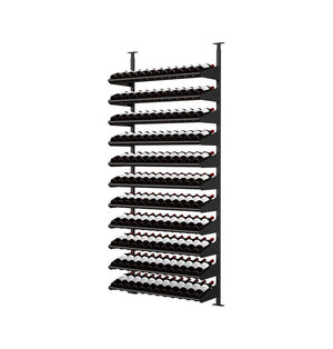 Black wine bottle display rack with many rows of dark bottles and visible labels