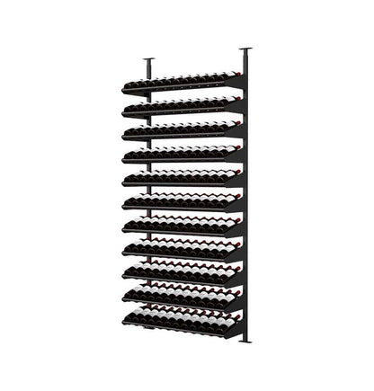 Black wine bottle display rack with many rows of dark bottles and visible labels