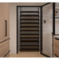 Wine bottle display rack with multiple horizontal shelves and bottles lined up