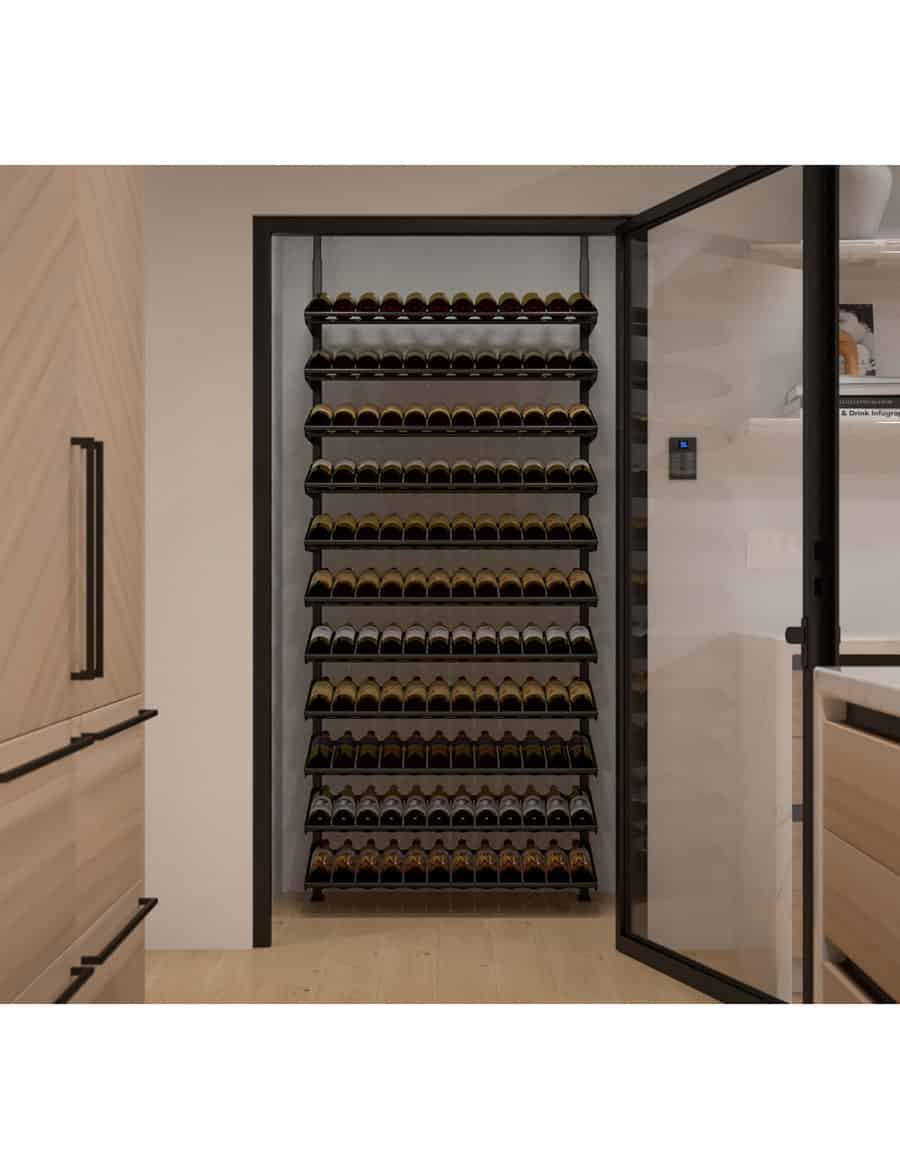 Wine bottle display rack with multiple horizontal shelves and bottles lined up