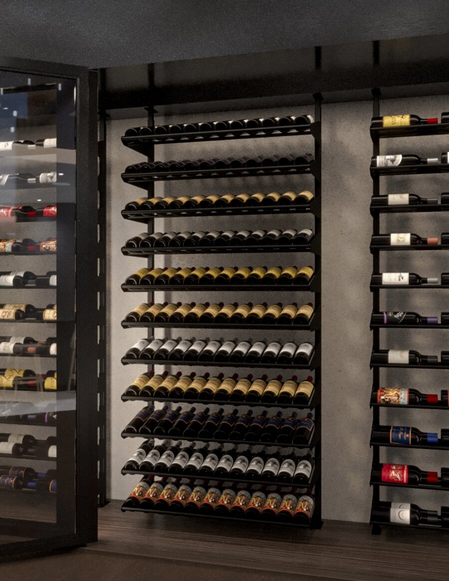 Tall wine bottle display rack with many tiers and assorted bottles