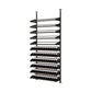 Black wine bottle display rack with angled supports and neatly stacked bottle rows
