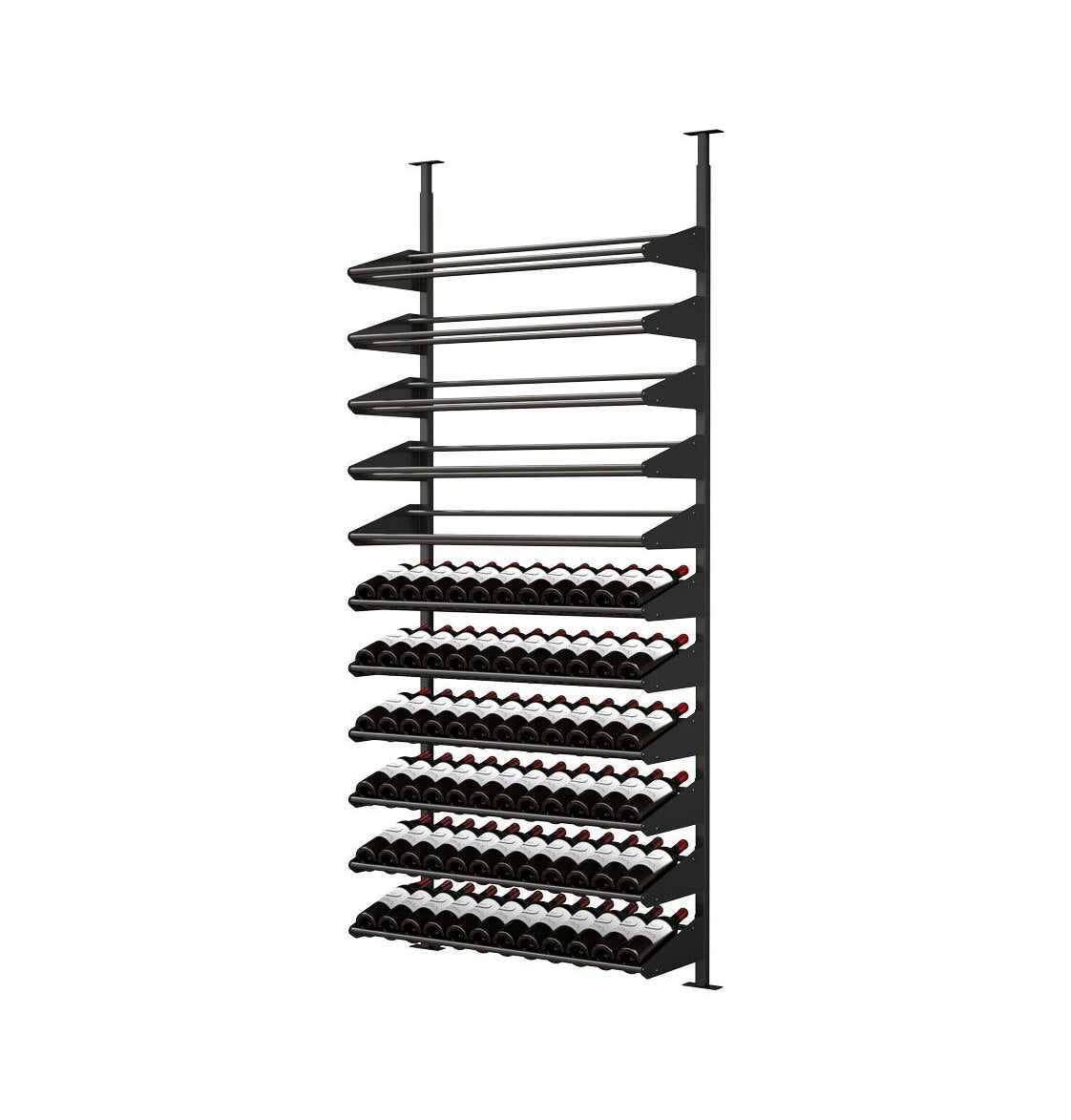 Black wine bottle display rack with angled supports and neatly stacked bottle rows