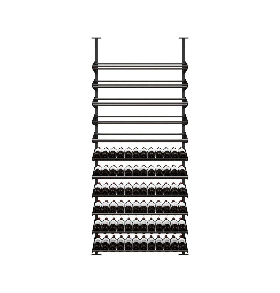 Wine bottle display rack with stacked tiers and rows of bottle fronts