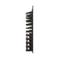 Black metal wine bottle display rack holding rows of bottles, side view