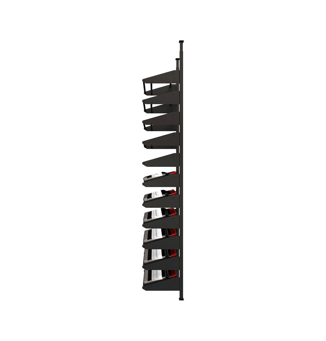 Black metal wine bottle display rack holding rows of bottles, side view