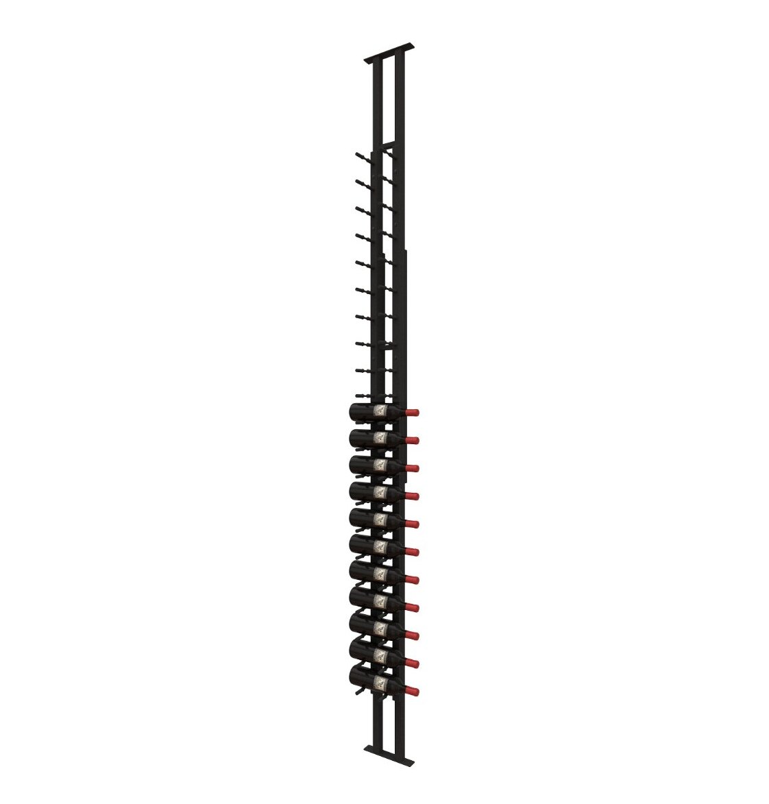 Wall-mounted black wine peg rack with red ring accents along the bottle positions