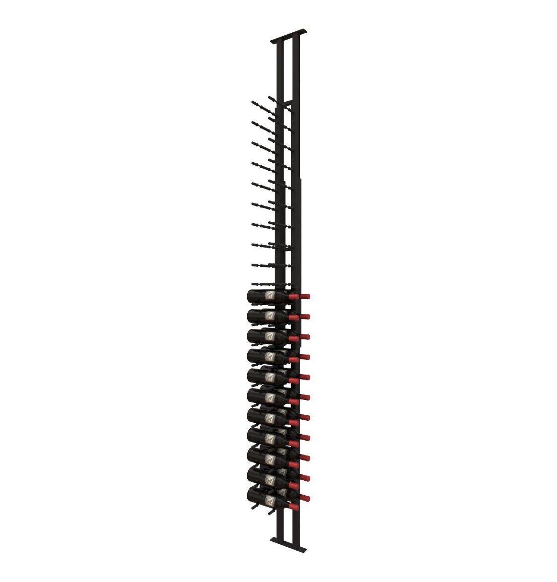 Black wine bottle rack with red peg markers on a wall-mounted single rail