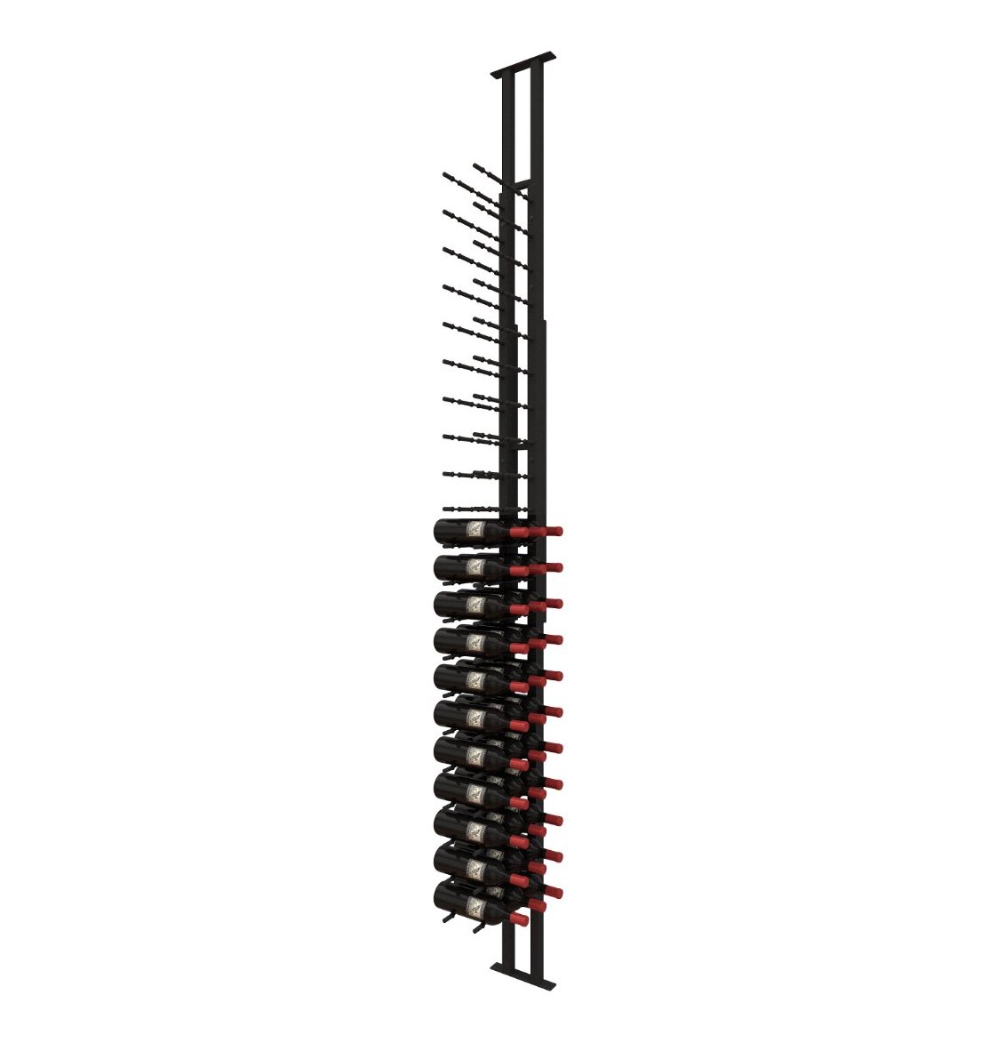 Black wine peg rack with multiple bottle slots and red ring accents along pegs