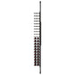Black wine peg rail with evenly spaced pegs and red rings for bottle labels