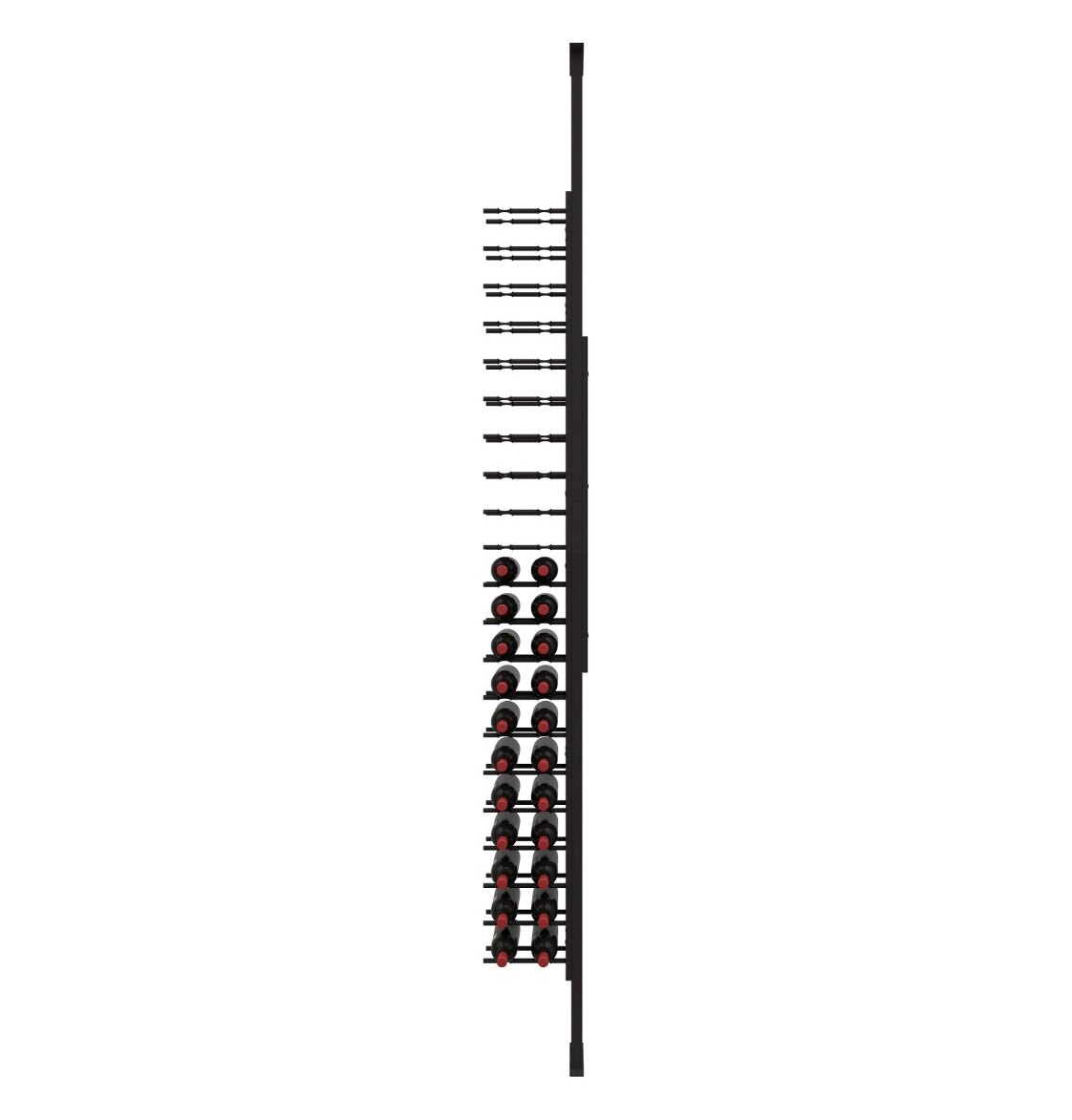 Black wine peg rail with evenly spaced pegs and red rings for bottle labels