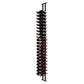 Wall-mounted wine peg rack with bottle necks on black frame, label-out style, red accents