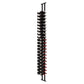 Wall-mounted wine bottle rack with dark pegs and red label accents