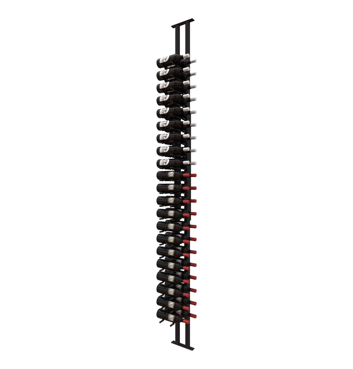 Wall-mounted wine bottle rack with dark pegs and red label accents