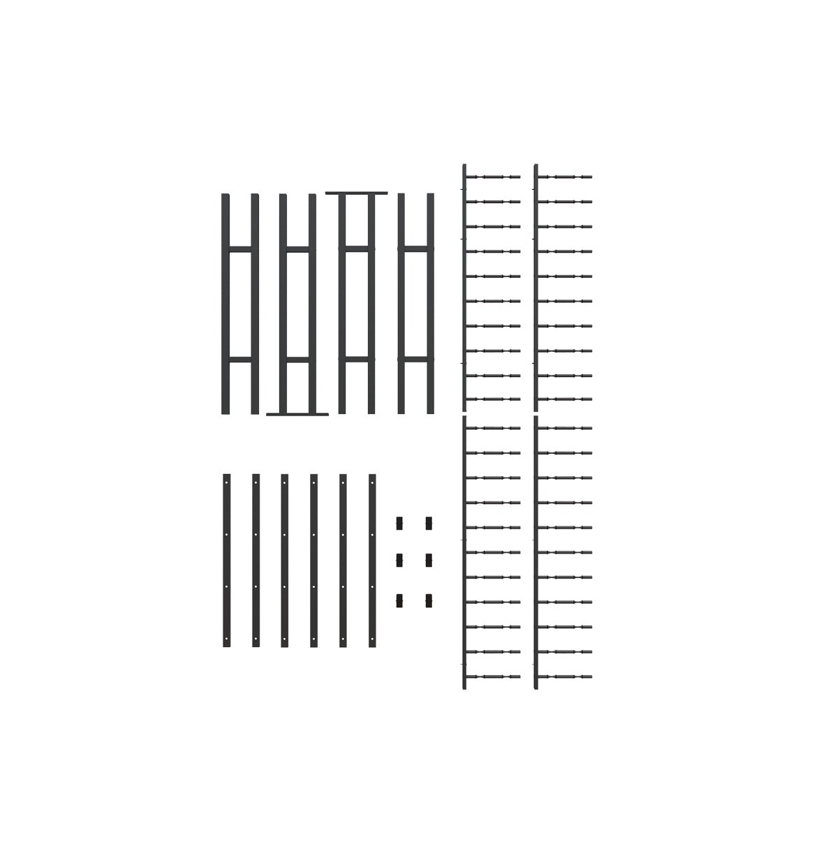 Parts layout diagram for a wine peg display frame, showing rails and bottle holder rows